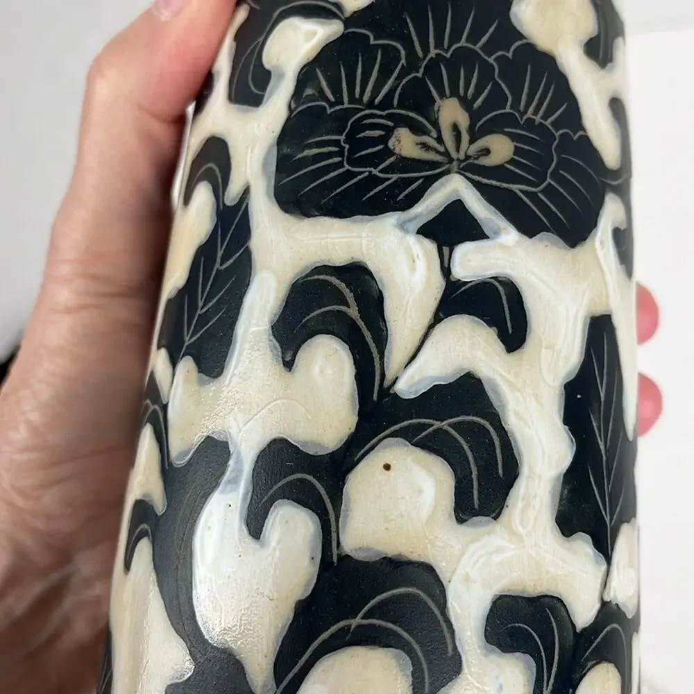 Pottery Vase Floral Vine Black White Tan 12 Inch Decor